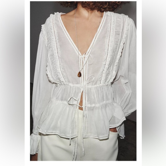 Zara ZW Romantic Ladder Stitch Blouse Oyster White M NWT - Picture 11 of 14
